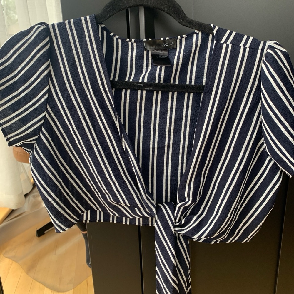 Aqua Blue and White Crop Tie Front Blouse